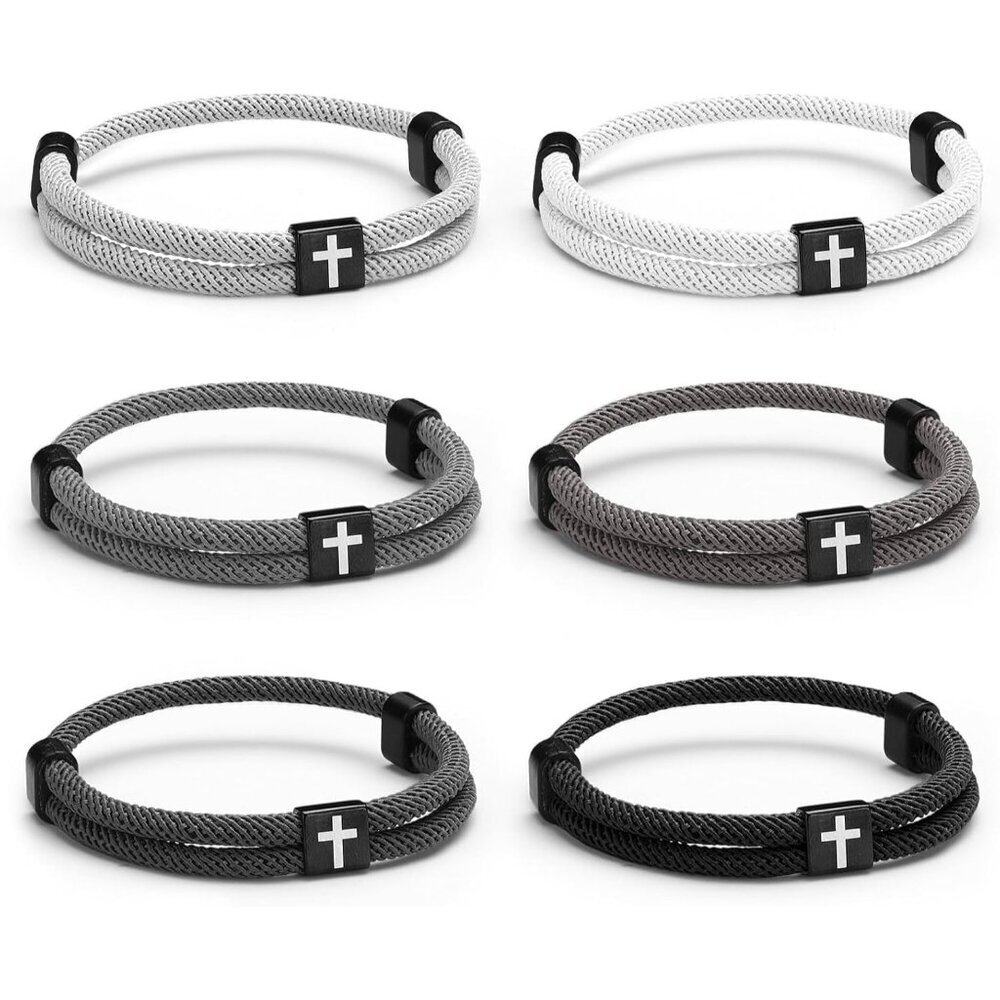 Braided Rope Cross Bracelets Set 6 Nylon Adjustable Faith Jewelry Gift